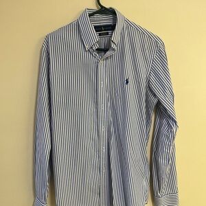 Ralph Lauren Men's Navy and White Striped Button Down Shirt